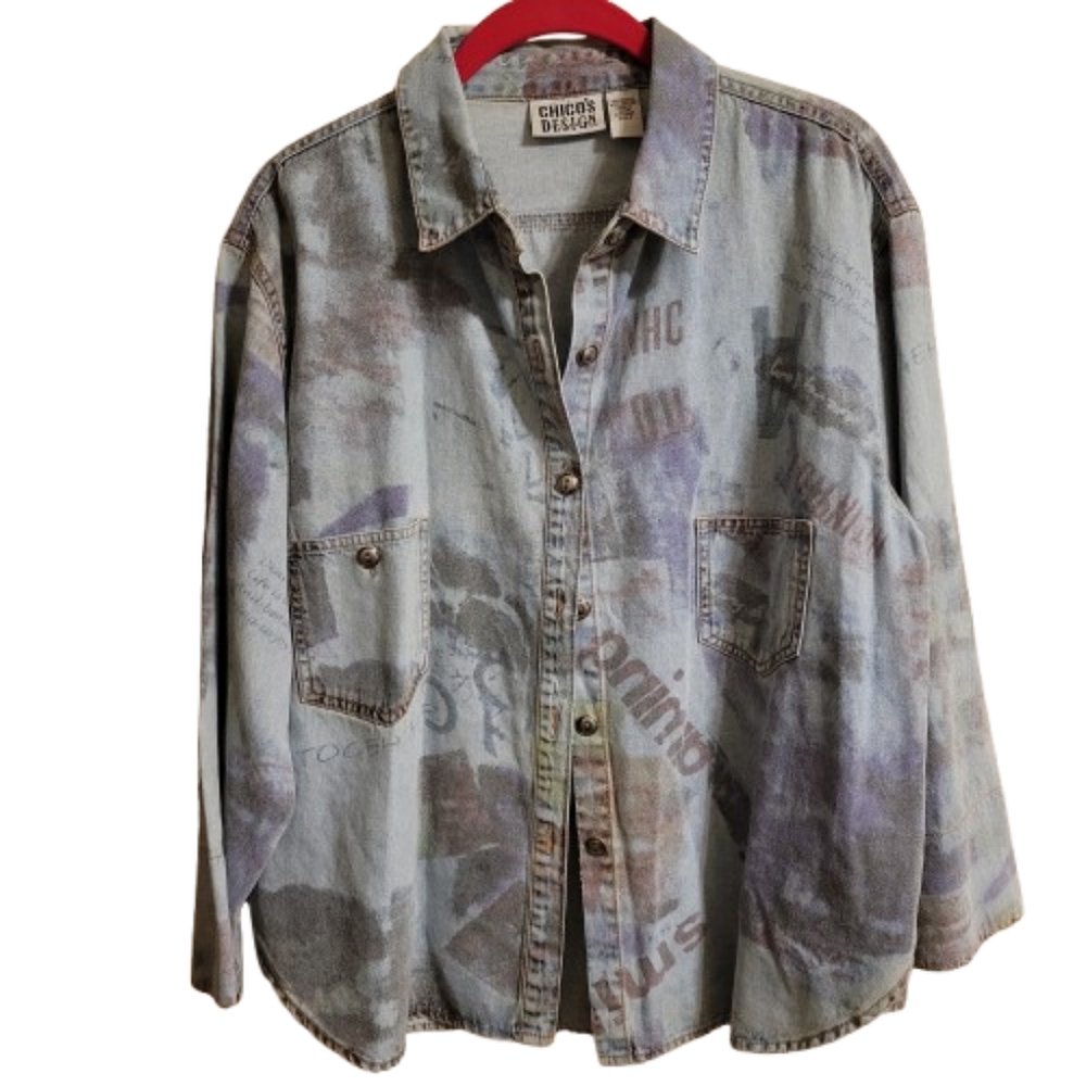 Chico's women's graffiti long-sleeved blue shirt/jacket size 2